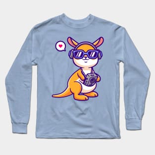 Cute Kangaroo Listening Music With Boombox And Headphone Cartoon Long Sleeve T-Shirt